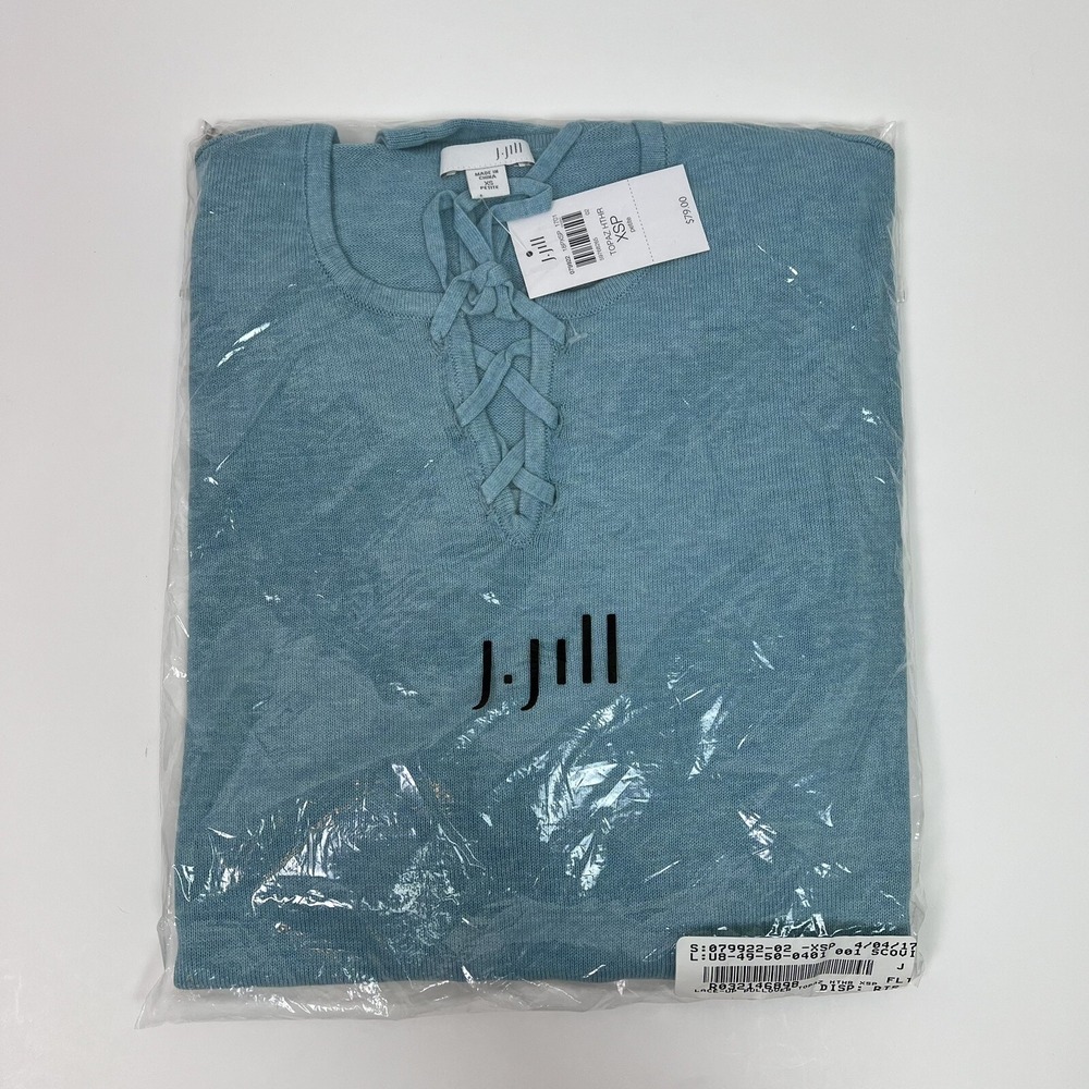J. Jill NWT XSP Lace-Up Pullover Sweater Relaxed Fit Topaz Heather Teal - Picture 4 of 7
